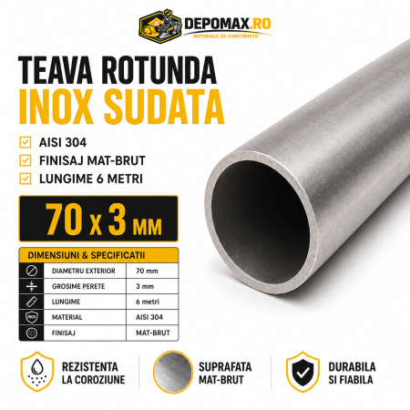 Teava rotunda inox sudata AISI 304, 70 x 3 mm, 6 metri
